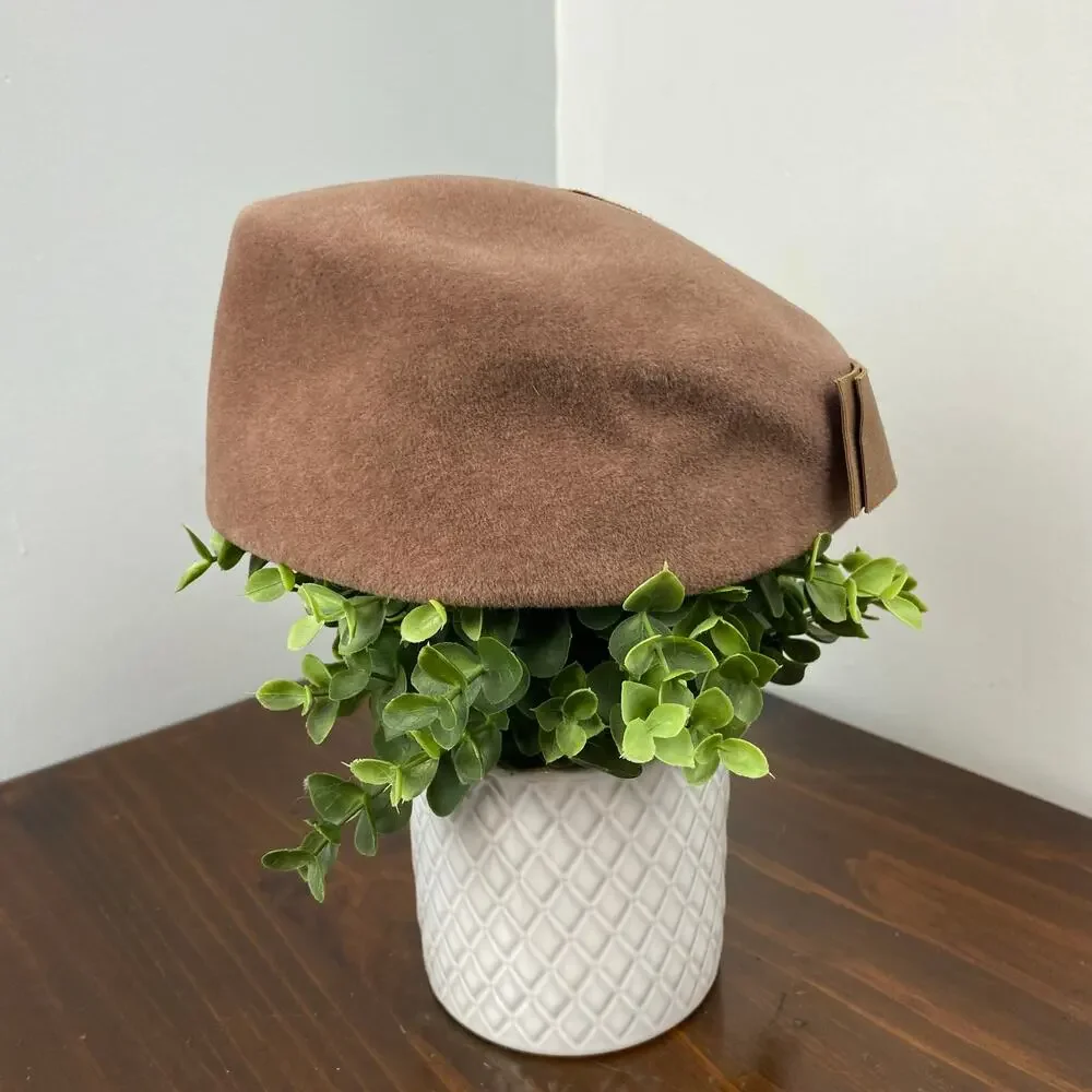 Vintage Carson Prairie Scott Brown Peachbloom Brown Velour Beret Hat Medium Bow - Picture 4 of 8
